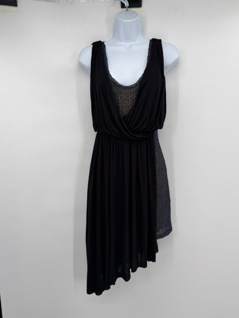 Free People Black Metallic Shimmer Asymmetrical Draped Cocktail Mini Dress XS